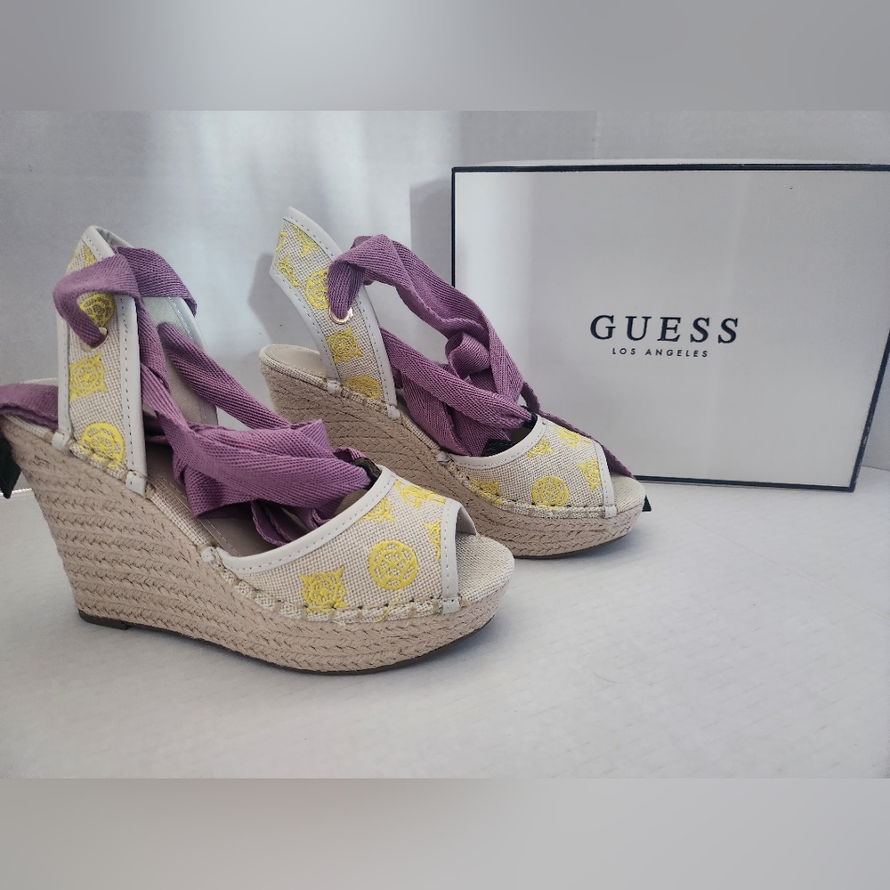 GUESS Women's Purple and Yellow Wedge Sandals